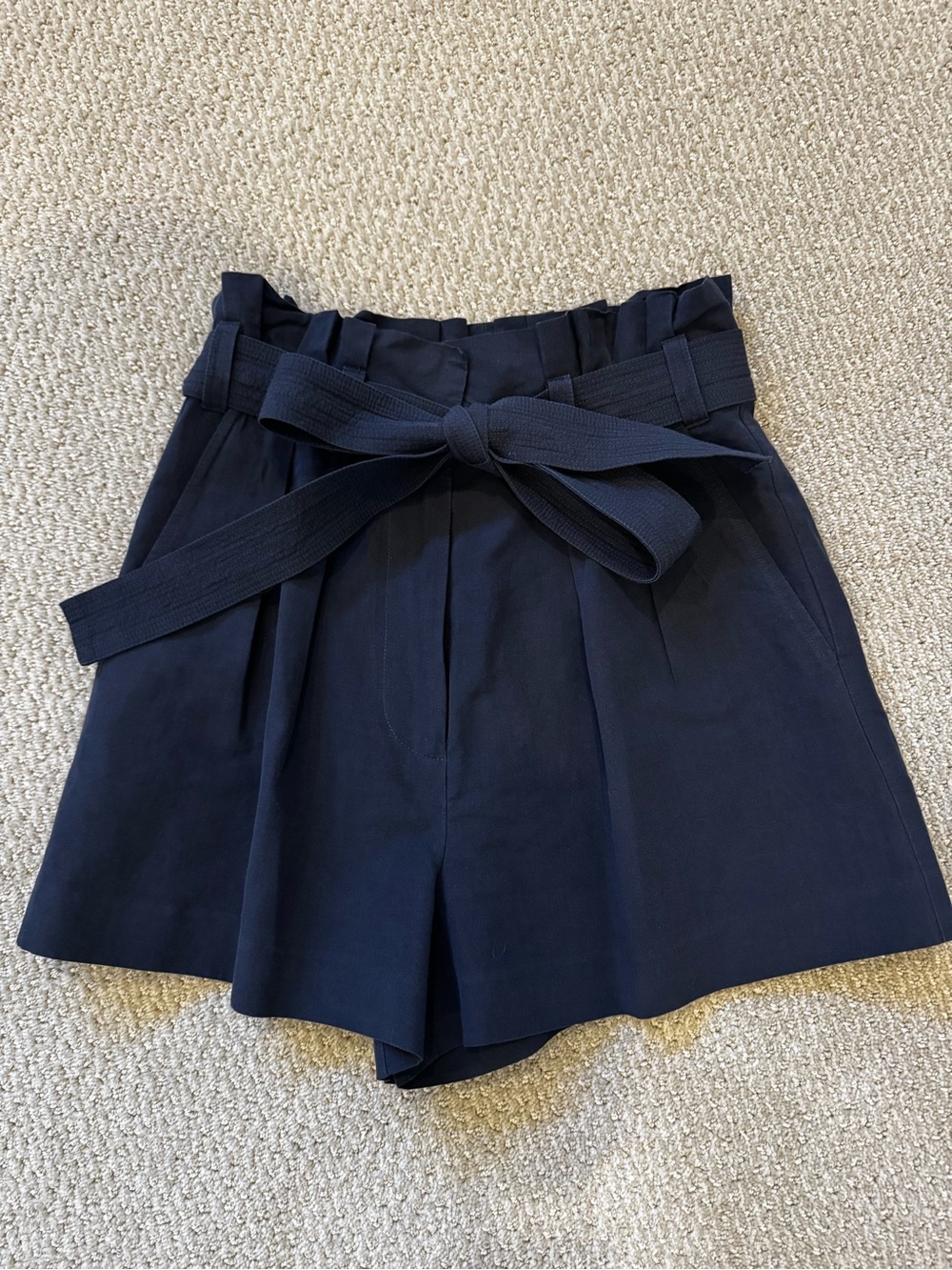 Ulla Johnson High-Waist Navy Paperbag Shorts with Tie Belt
